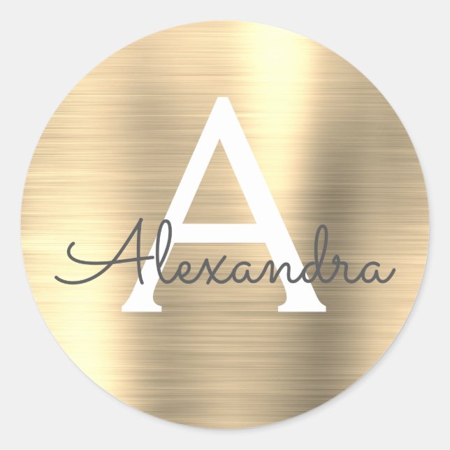 Modernes Gold Girly Metallic Monogramm Runder Aufkleber (Vorderseite)