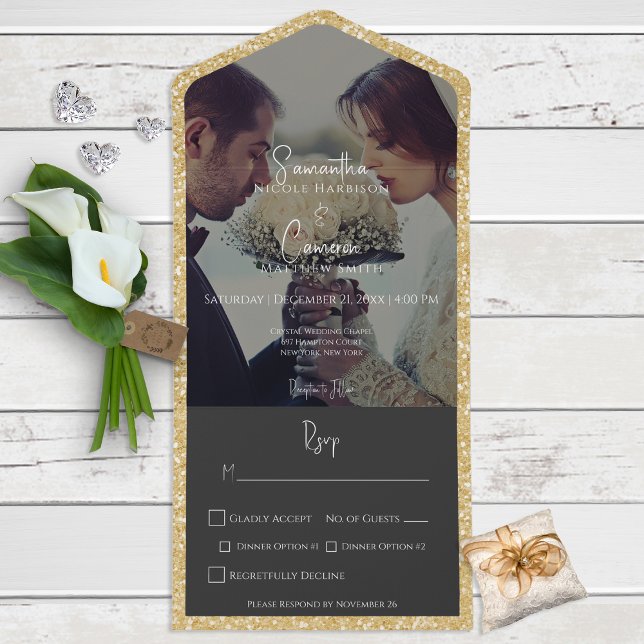 Modernes Gold Glitzer Black Foto Dinner All In One Einladung (Von Creator hochgeladen)