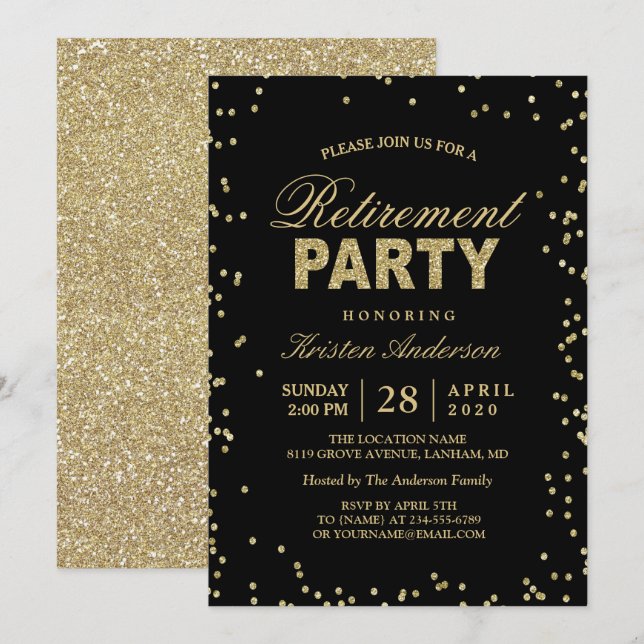 Modernes Gold Glitzer Glitzern Renten Party Einladung (Vorne/Hinten)