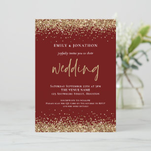 Modernes Gold Glitzer QR Code Wedding Burgundy Einladung