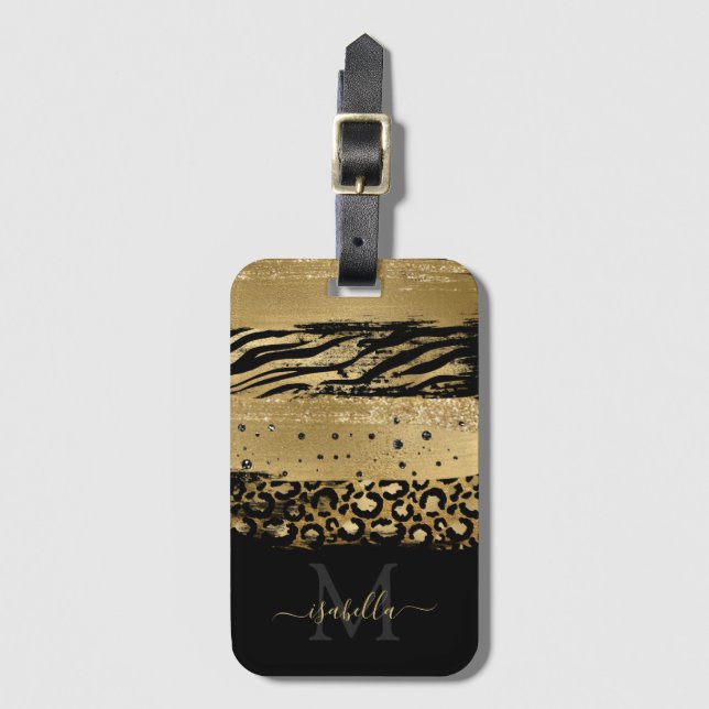 Modernes Gold Glitzer Script Mit Monogramm Gepäckanhänger (Vorderseite Vertikal)