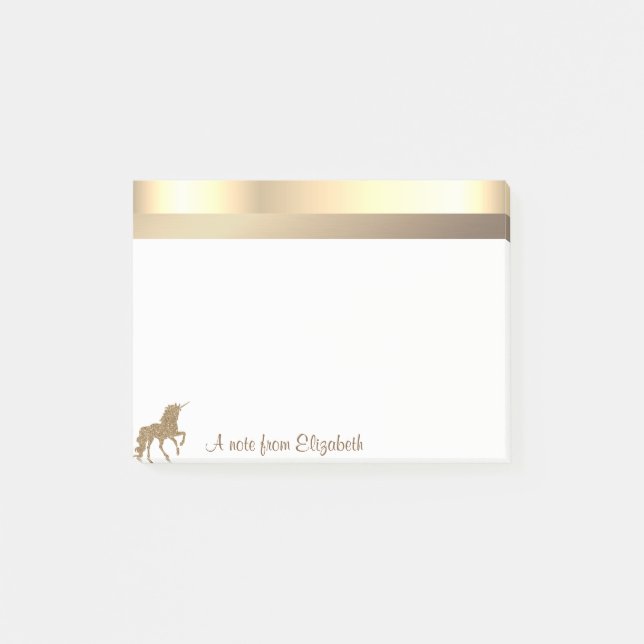Modernes Gold Glitzer Unicorn - Personalisiert Post-it Klebezettel (Vorderseite)