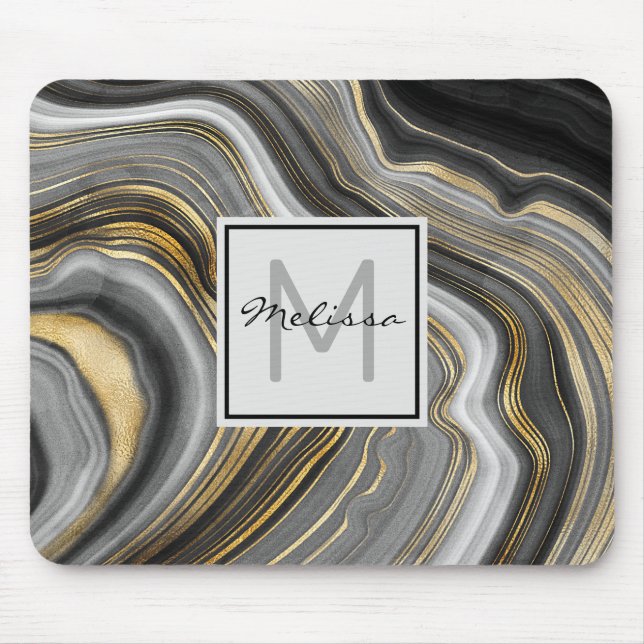Modernes Gold & Gray Agate Geode Mineral Monogram Mousepad (Vorne)