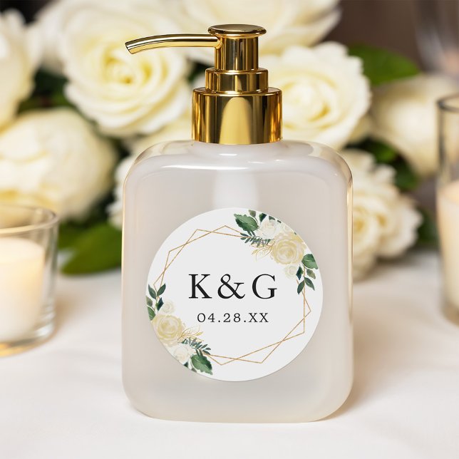 Modernes Gold Green Floral Wedding Date Monogram Runder Aufkleber (Von Creator hochgeladen)