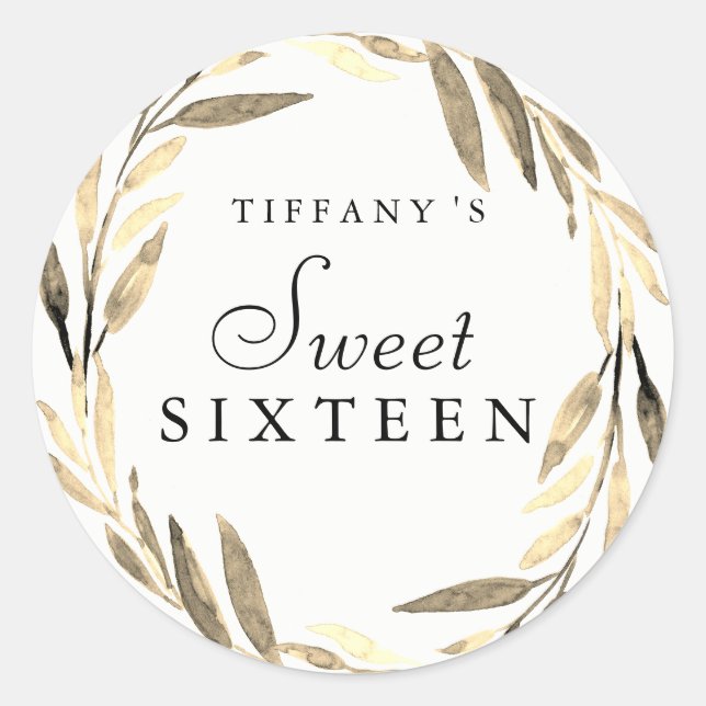 Modernes Gold Leaf Wreath Sweet 16 Sticker (Vorderseite)