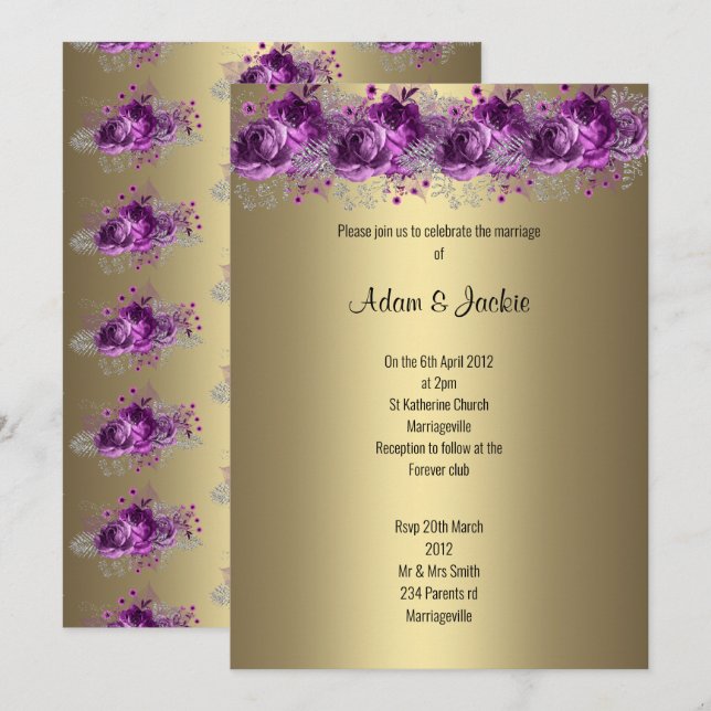 Modernes Gold Lilac Lila, blumengeschmücktes ELEGA Einladung (Vorne/Hinten)