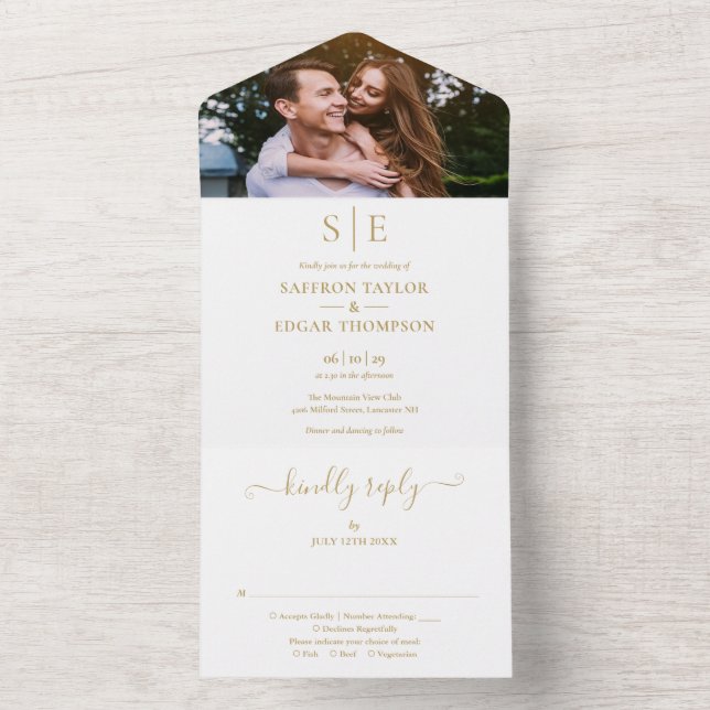 Modernes Gold Monogram All In One Einladung (Innen Boden)