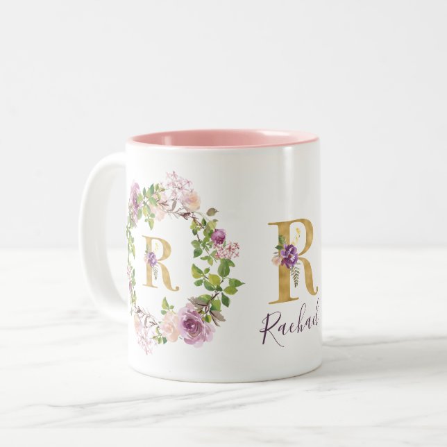 Modernes Gold Monogram R Aquarellblumendraht Zweifarbige Tasse (Vorderseite Links)