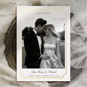 Modernes Gold Scallop Frame Foto Hochzeitdatum Ger Folieneinladung