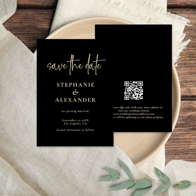 Modernes Gold Script Black QR Code Hochzeit Save The Date (Von Creator hochgeladen)