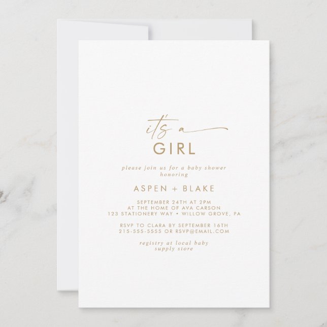 Modernes Gold Script Es ist eine Girl Baby Dusche Einladung (Vorderseite)