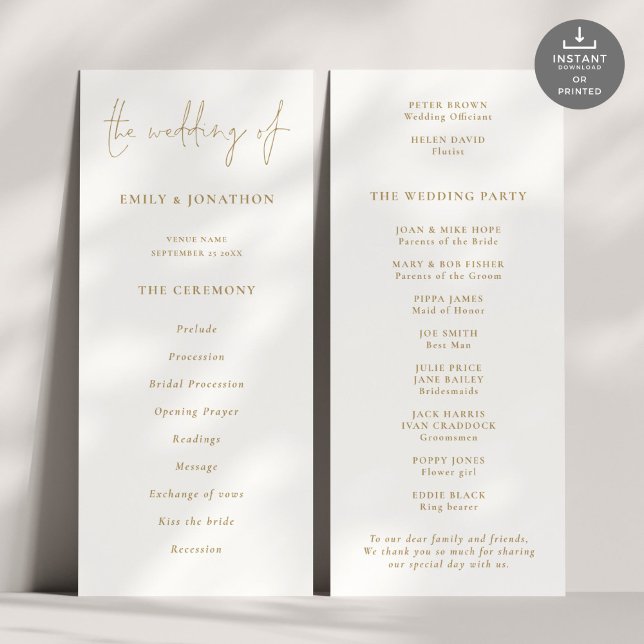 Modernes Gold Script-Hochzeitsprogramm Einladung (Front and back view)