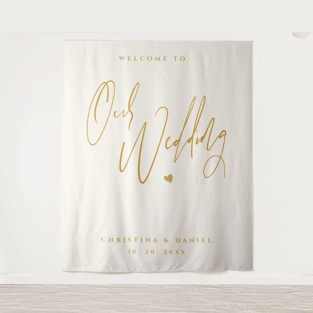 Modernes Gold Script-Hochzeitszeichen Wandteppich (Vorderseite)