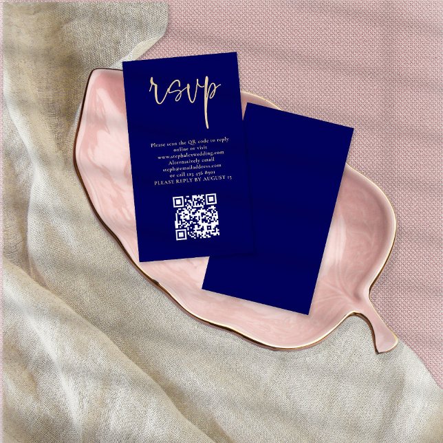 Modernes Gold Script Navy Blue QR Code Hochzeit RS Begleitkarte (Von Creator hochgeladen)