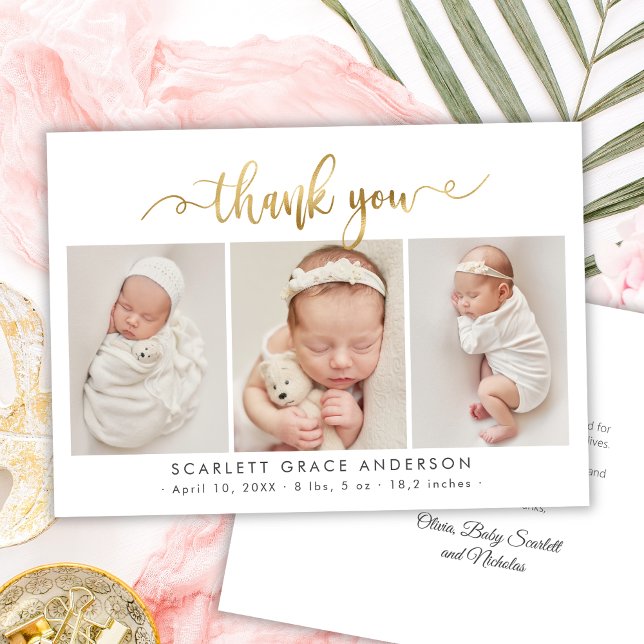 Modernes Gold Script Neuborn 3 Baby Foto Vielen Da Dankeskarte (Von Creator hochgeladen)
