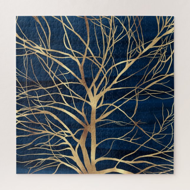 Modernes Gold Tree Silhouette Minimales blaues Des (Vertikal)
