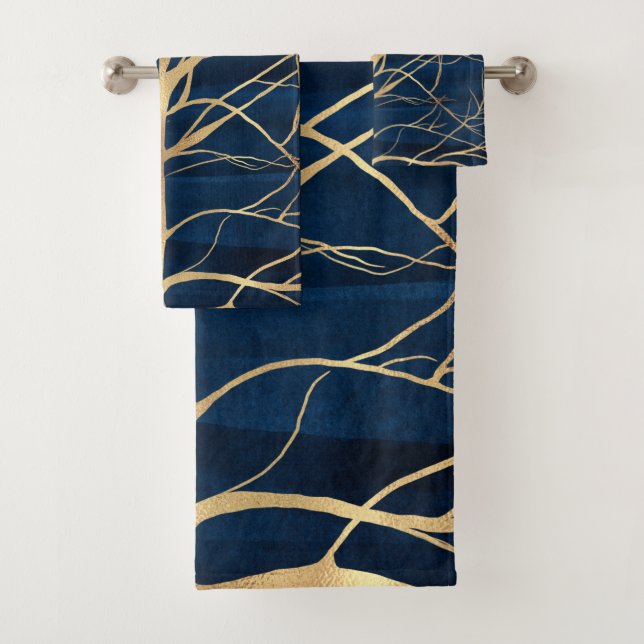 Modernes Gold Tree Silhouette Minimales blaues Des Badhandtuch Set (Insitu)