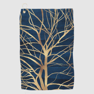 Modernes Gold Tree Silhouette Minimales blaues Des Golfhandtuch
