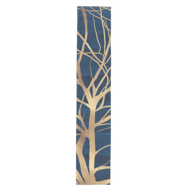 Modernes Gold Tree Silhouette Minimales blaues Des Mittelgroßer Tischläufer (Vorderseite)