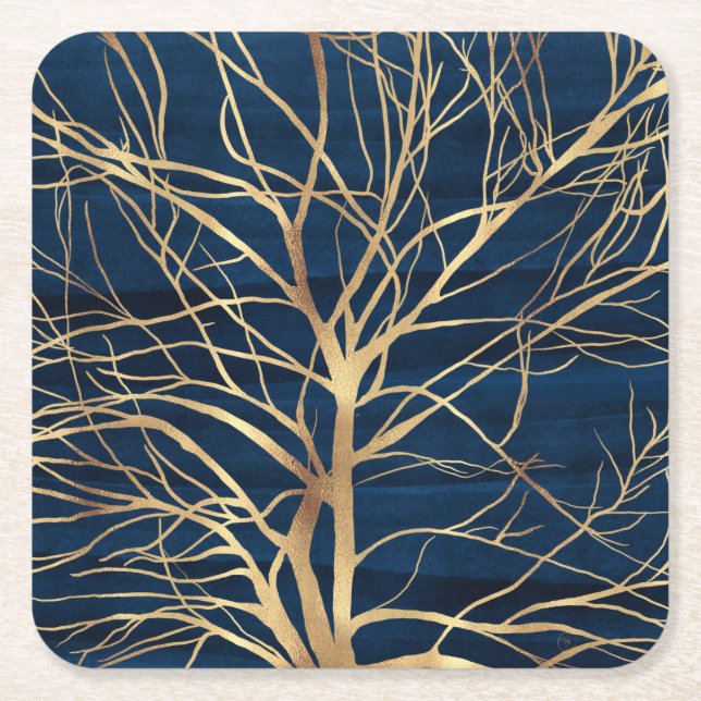 Modernes Gold Tree Silhouette Minimales blaues Des Rechteckiger Pappuntersetzer (Vorderseite)