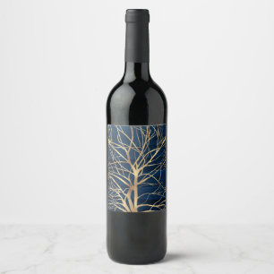 Modernes Gold Tree Silhouette Minimales blaues Des Weinetikett