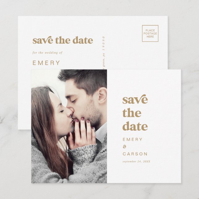 Modernes Gold Typografy Foto Save the Date Einladungspostkarte (Vorne/Hinten)