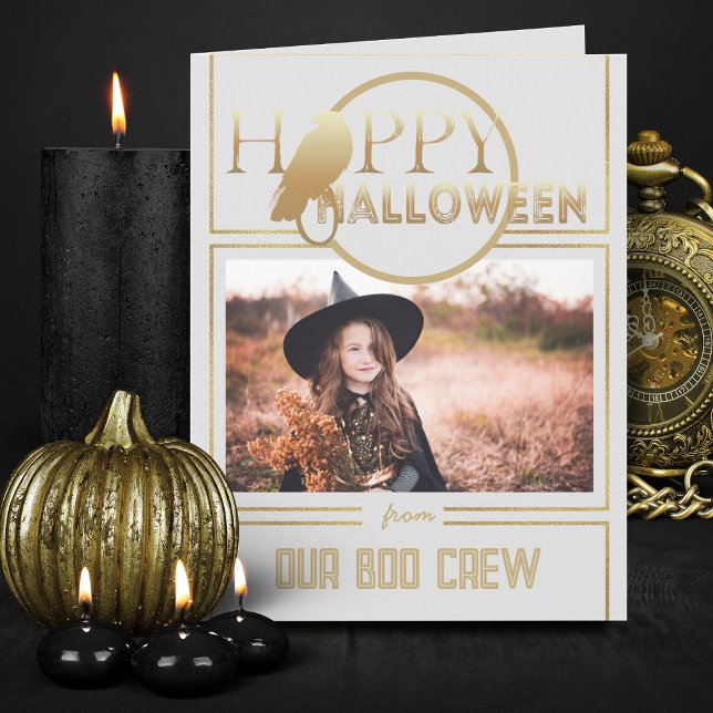 Modernes Gold und Weiß Chic Adult Happy Halloween Karte (Elegant white and gold Halloween invitations with photo)