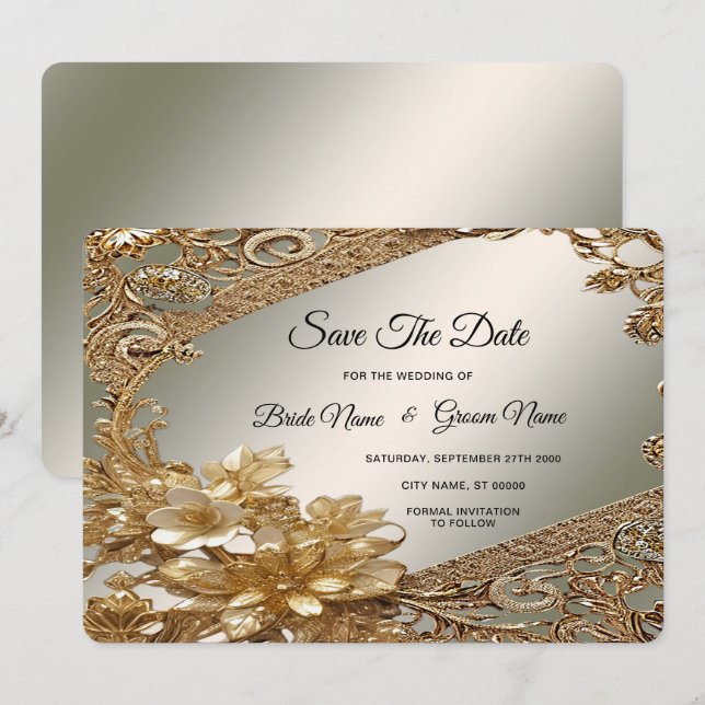 Modernes Gold-Verziert-Blumenmotiv Save the Date (Vorne/Hinten)