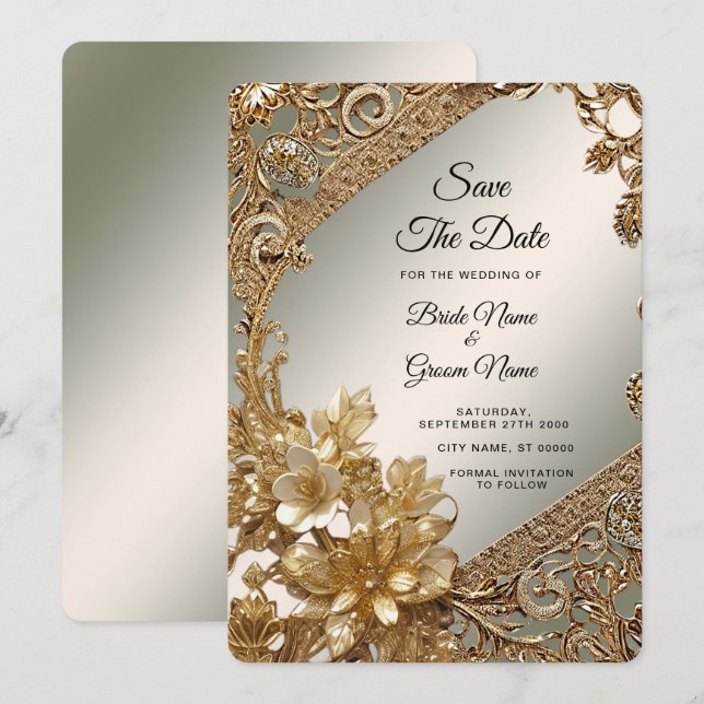 Modernes Gold-Verziert-Blumenmotiv Save the Date (Vorne/Hinten)