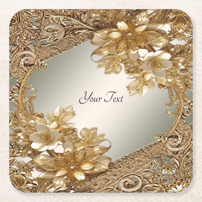 Modernes Gold Verziert-Blumenpapier Untersetzer (Vorderseite)