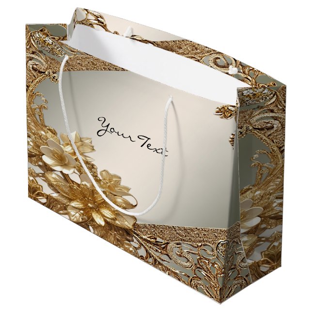 Modernes Gold Verzierte Blumenbeutel Große Geschenktüte (Rückseite Schrägansicht)