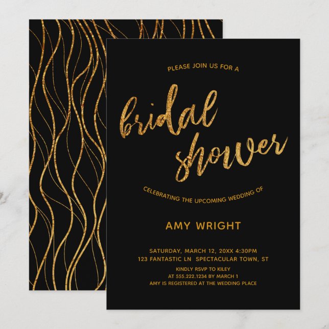 Modernes Gold Waves Handschrift Black Brautparty Einladung (Vorne/Hinten)
