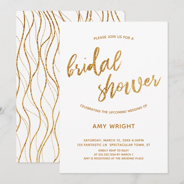 Modernes Gold Waves Handschrift Weißes Brautparty Einladung (Vorne/Hinten)