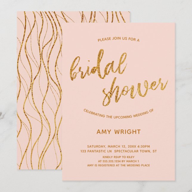 Modernes Gold Waves Handwriting Blush-Brautparty Einladung (Vorne/Hinten)