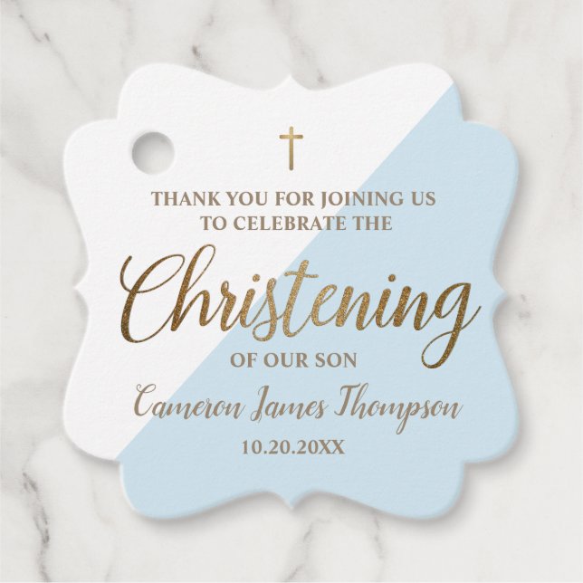 Modernes goldblauer Junge Christening Personalisie Geschenkanhänger (Vorderseite)