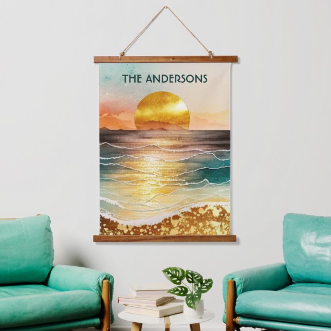 Modernes Golden Beach Sonnenuntergang Unterschrift Wandteppich Mit Holzrahmen (Wohnzimmer)