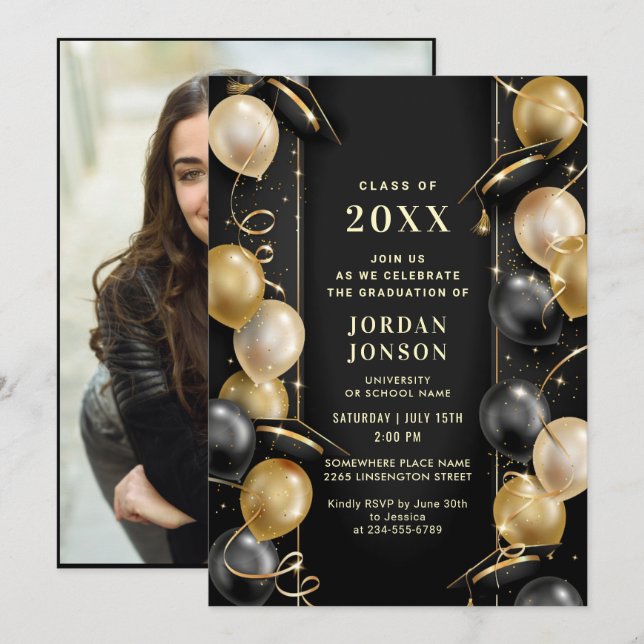Modernes Golden Black Abschluss Hat Party Foto Einladung (Vorne/Hinten)