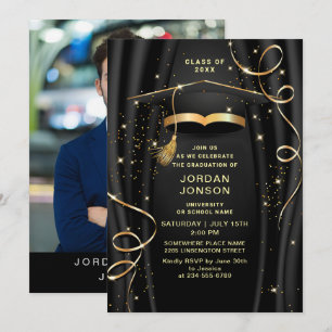 Modernes Golden Black Graduation Party Foto Einladung