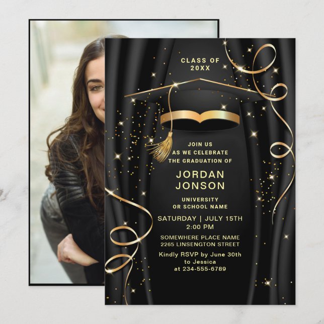 Modernes Golden Black Graduation Party Foto Einladung (Vorne/Hinten)