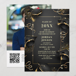 Modernes Golden Black Graduation Party Foto QR Cod Einladung