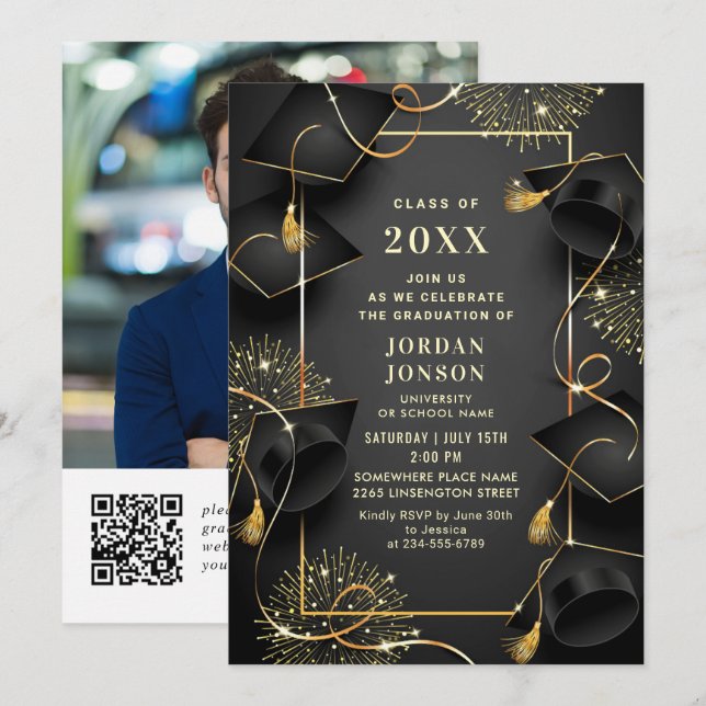 Modernes Golden Black Graduation Party Foto QR Cod Einladung (Vorne/Hinten)