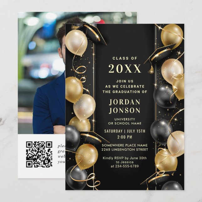 Modernes Golden Black Graduation Party QR Code Fot Einladung (Vorne/Hinten)
