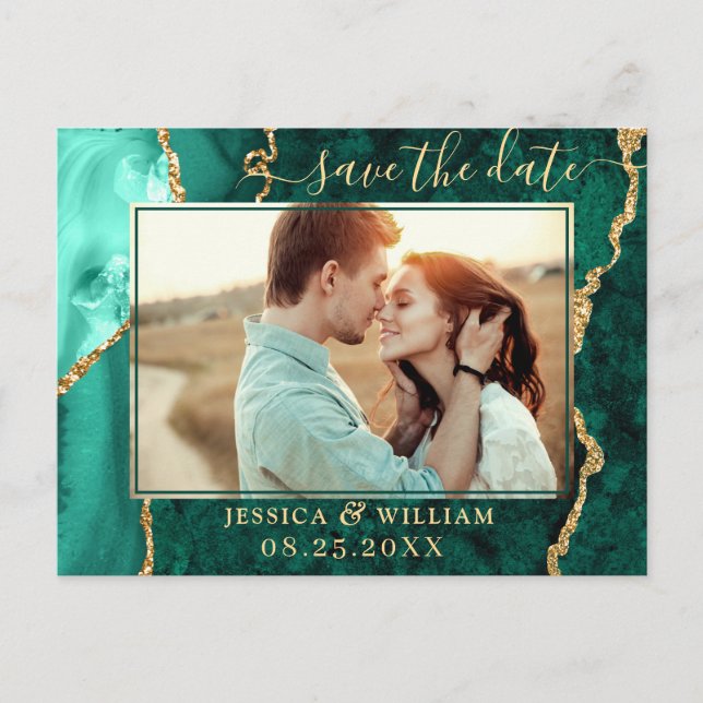 Modernes Golden Green Agate FOTO Save the Date Postkarte (Vorderseite)