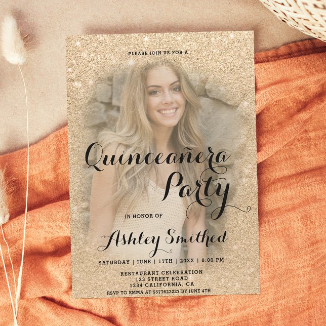 Modernes goldenes Glitzer funkeln Foto Quinceañera Einladung (Von Creator hochgeladen)