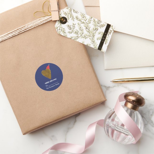 Modernes Goldenes Herz mit Weihnachts-Hat Dunkelbl Runder Aufkleber (Schenken)
