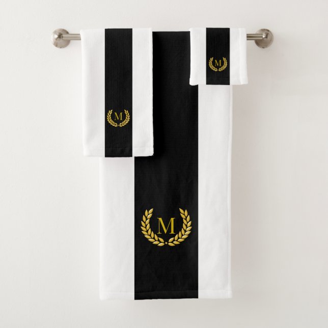 Modernes Goldenes Laurel & Monogram auf Schwarz &  Badhandtuch Set (Insitu)