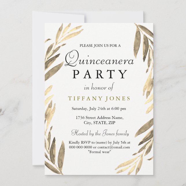 Modernes Goldenes Leaf Quinceanera Party laden ein Einladung (Vorderseite)