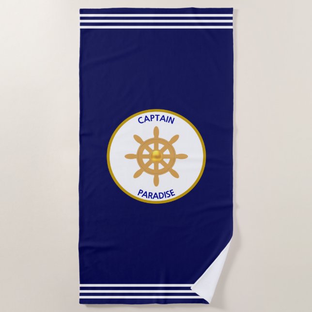 Modernes Goldenes Schiffrad für Navy Blue Strandtuch (Vorderseite)