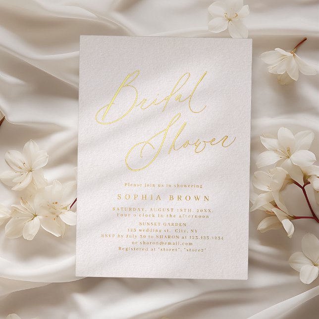 Modernes, goldenes Skript - minimales Brautparty Folieneinladung (Gold elegant modern script minimal bridal shower foil invitation)