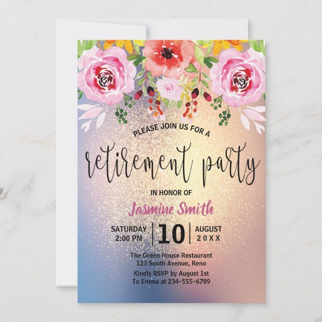 Modernes GoldGlitzer-Ruhestands-mit BlumenParty Einladung (Vorderseite)